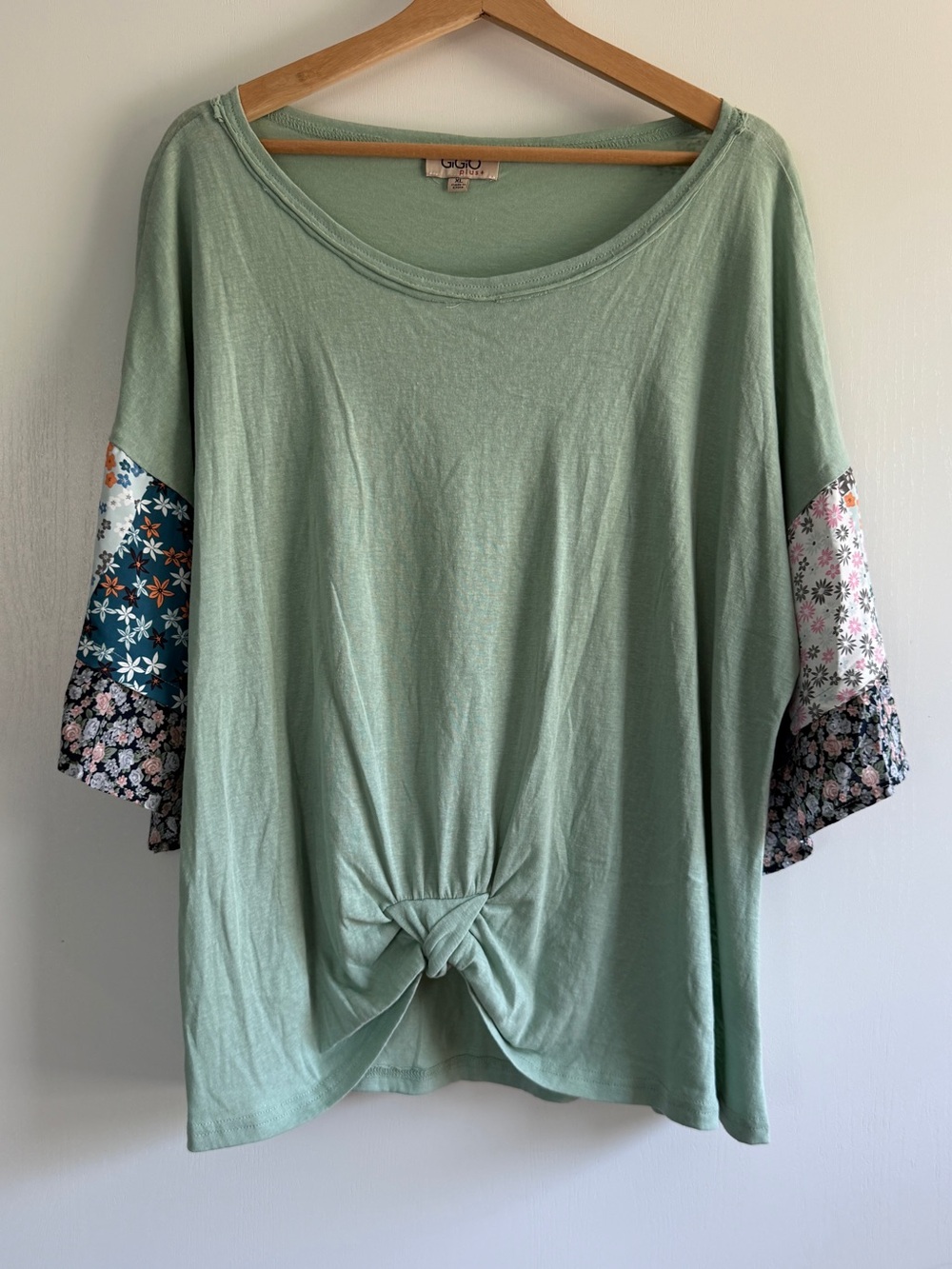 Gigio Sage Green Knot-Front Tunic with Mixed Floral Sleeve Ruffle Panels